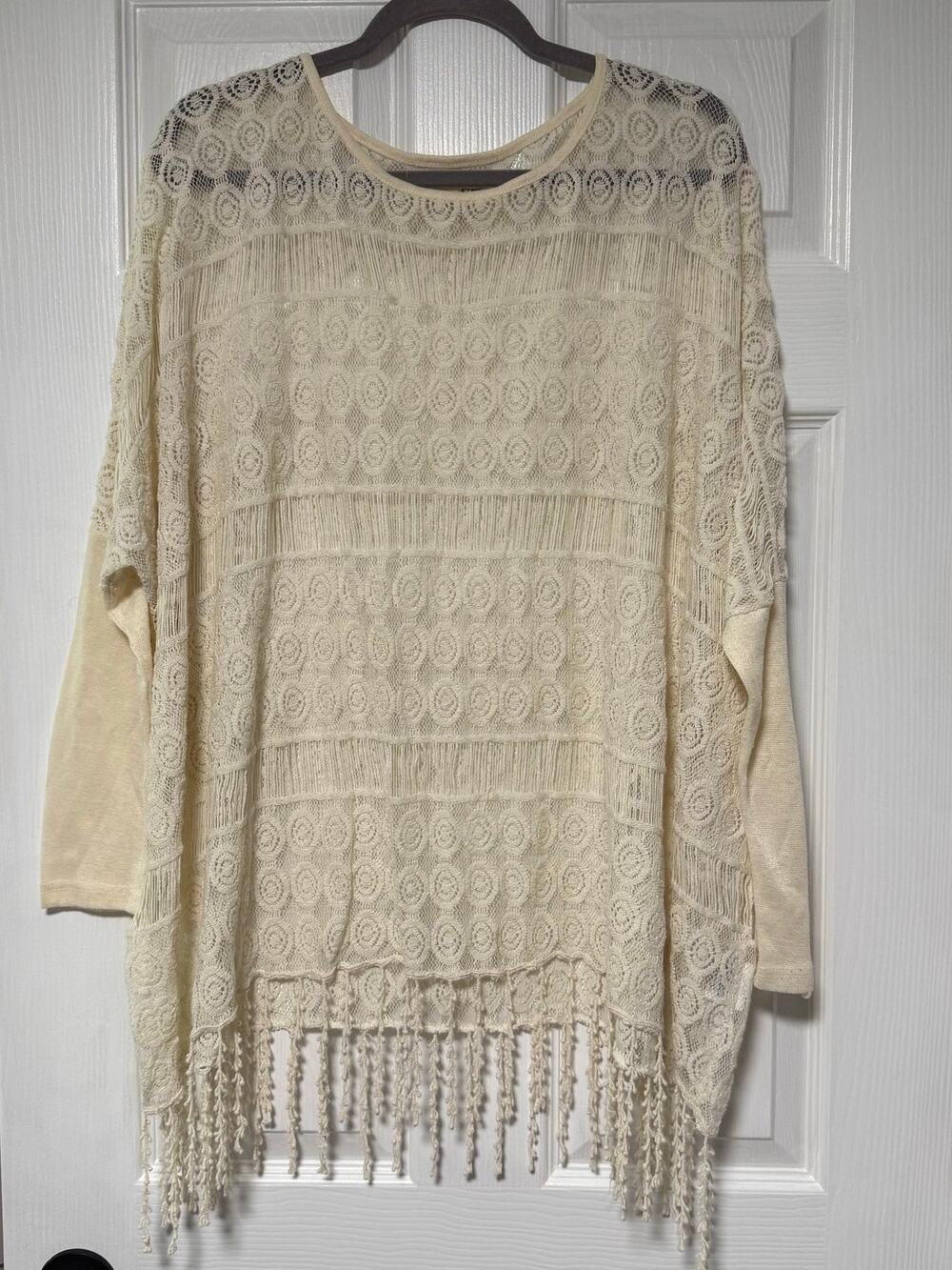 A'reve Women's Ivory Crochet Knit Fringe Top Size Large